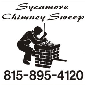 Text "Sycamore Chimney Sweep 815-895-4120" Man putting a chimney brush down a chimney.